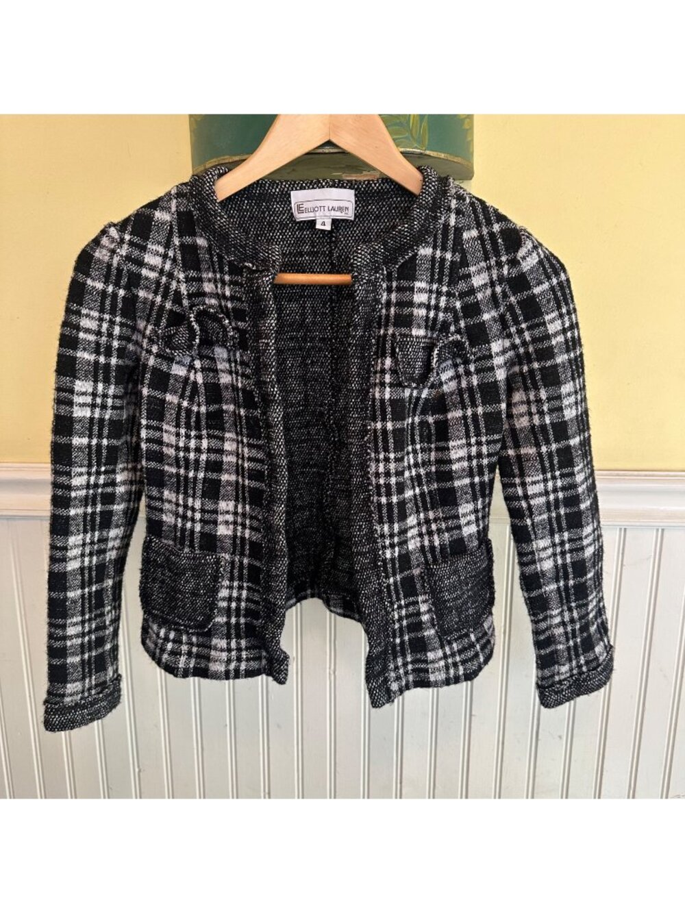 Vintage 90s Elliott Lauren Plaid Tweed Blazer Jacket Black & White Wool Blend 4